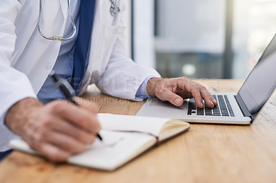 Buy stock photo Doctor, writing and hands of notes with data and medical research for pharmaceutical study in office. Person, tech and report information in notebook with hospital paper of healthcare worker