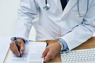 Buy stock photo Doctor, writing and hands of notes with working and medical research for pharmaceutical study in office. Person, tech and report information in notebook with hospital paper of healthcare worker
