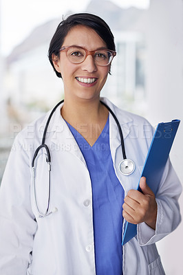 Buy stock photo Healthcare, hospital and portrait of doctor with clipboard for medical results, insurance and report. Clinic, happy and woman with documents and stethoscope for heart wellness, cardiology or medicare