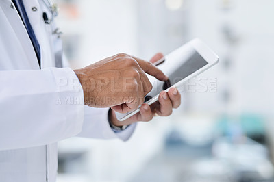 Buy stock photo Tablet, hospital and hands of doctor, online for research, wellness app and telehealth. Healthcare, clinic and person with digital tech for medical service, communication and website for medicine