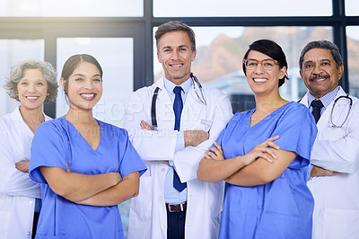 Buy stock photo Teamwork, healthcare and portrait of doctors with crossed arms for medical service, insurance or collaboration. Professional, hospital and men and women in clinic for wellness, medicare or consulting