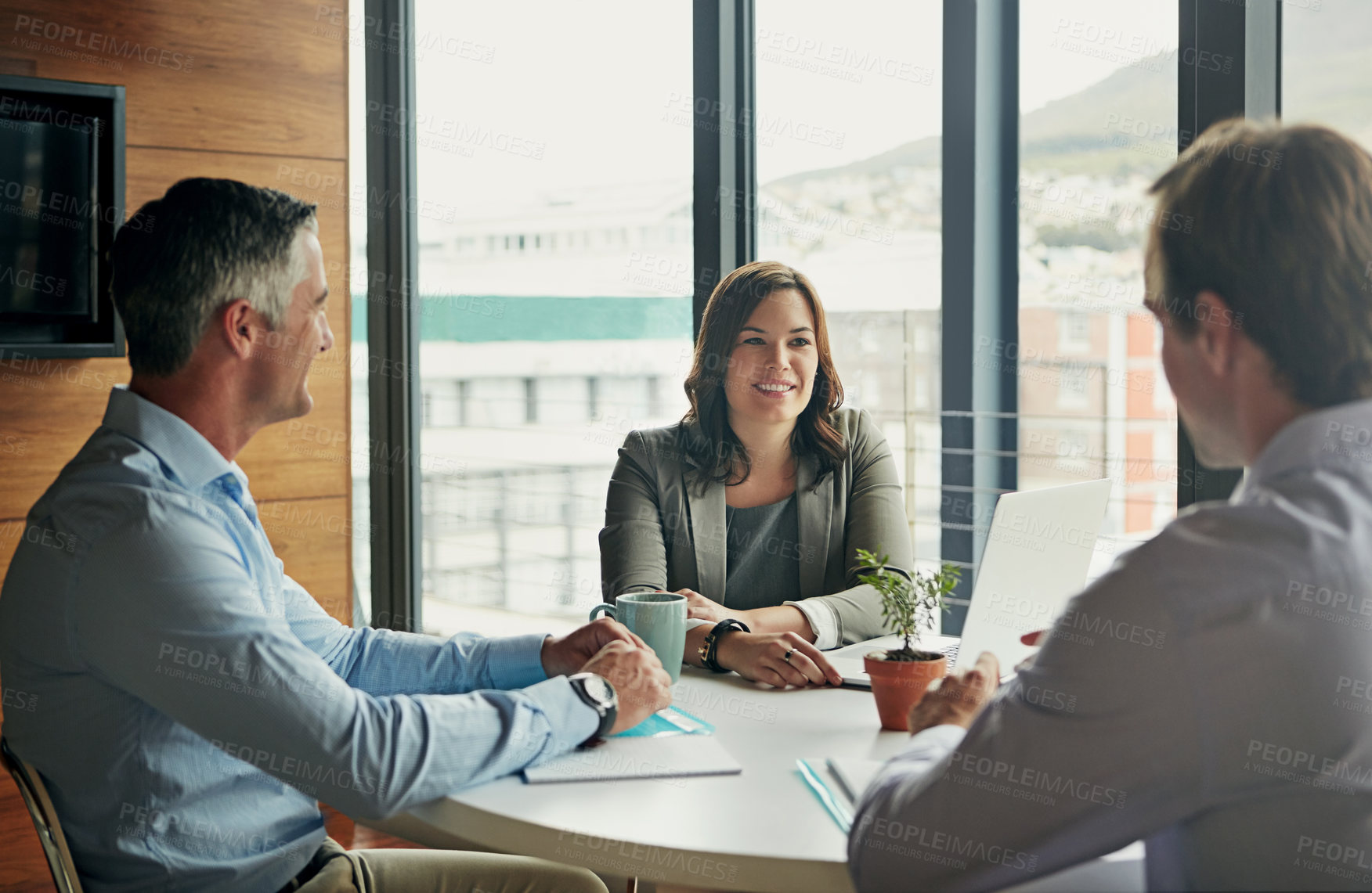 Buy stock photo Meeting, discussion and planning of business people in office teamwork, management ideas and professional brainstorming. Happy woman with employees or clients talking, speaking or advice for project