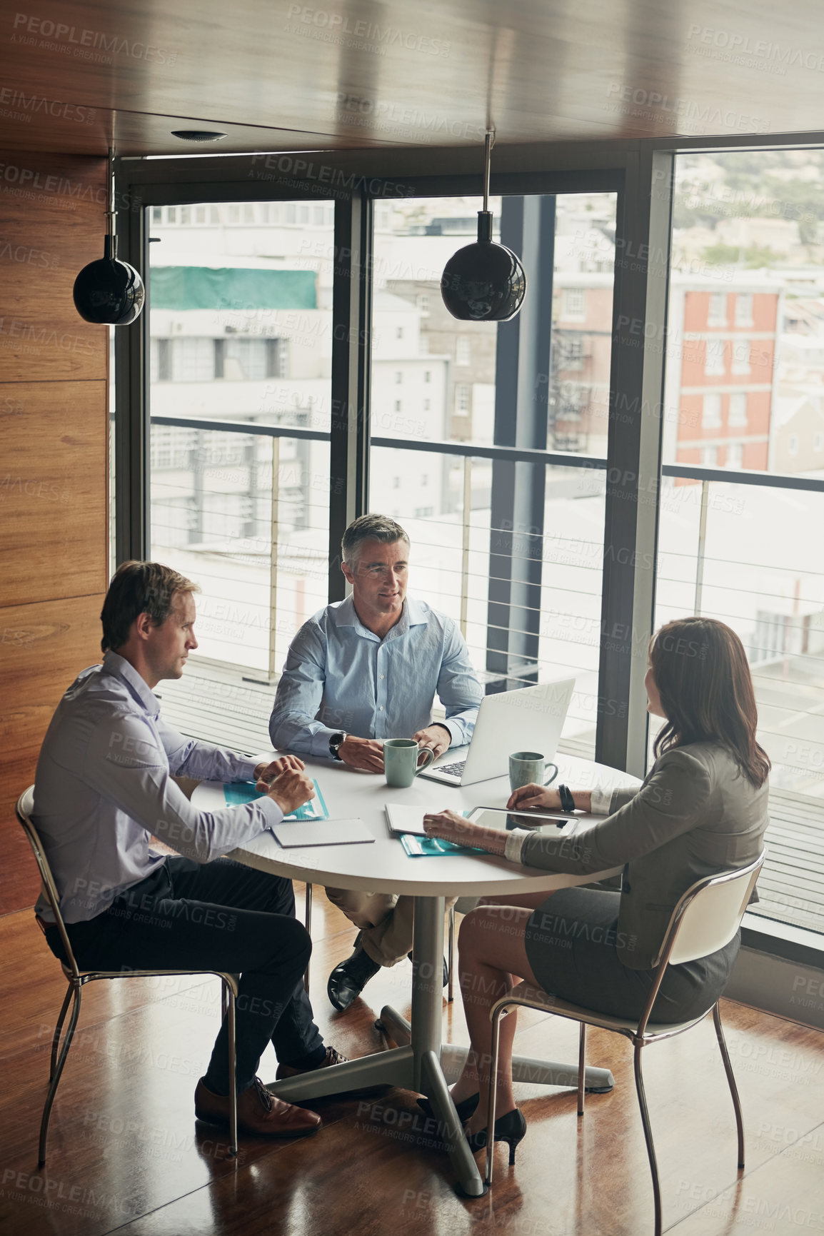 Buy stock photo Meeting, discussion and business people planning finance strategy, idea and partnership on a laptop. Teamwork, plan and corporate employees talking about financial agency innovation with notes