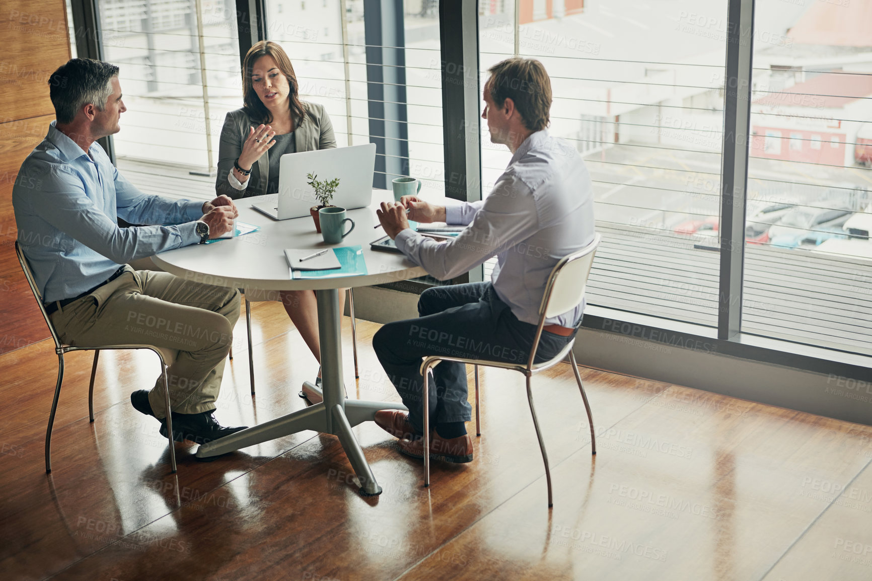 Buy stock photo Meeting, conversation and business people planning strategy, finance idea and partnership on a laptop. Teamwork, plan and corporate employees talking about financial agency innovation with notes