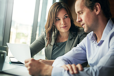 Buy stock photo Meeting, partnership and business people with documents working on goals, networking and business deal. Teamwork, corporate manager and man and woman in discussion for contract, strategy and proposal