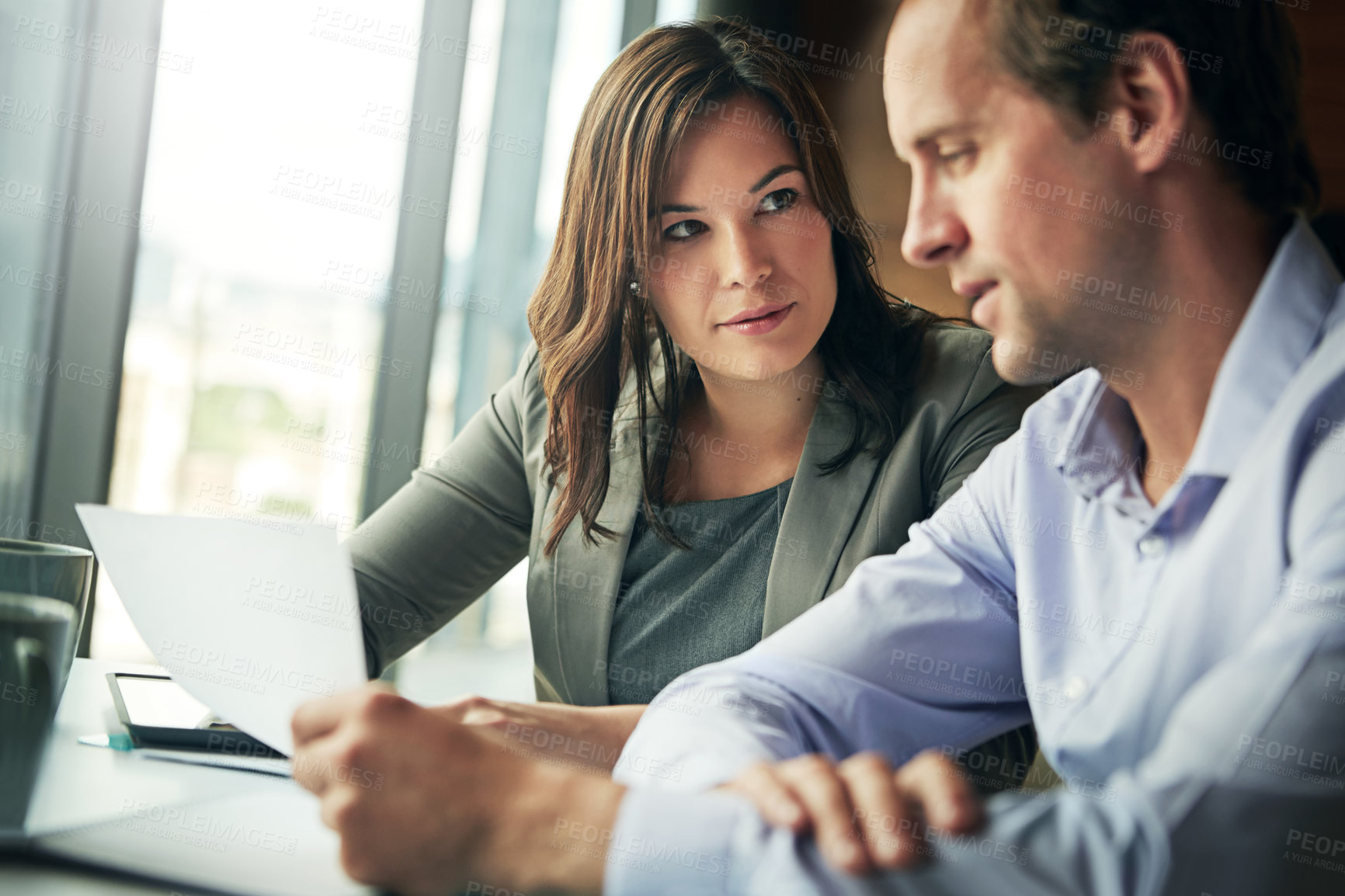 Buy stock photo Meeting, partnership and business people with documents working on goals, networking and business deal. Teamwork, corporate manager and man and woman in discussion for contract, strategy and proposal