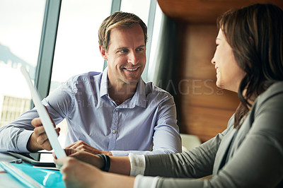 Buy stock photo Partnership, documents and business people in meeting working on goals, b2b network and business deal. Teamwork, corporate manager and man and woman in discussion for contract, strategy and proposal