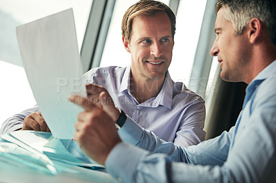 Buy stock photo Business people, paperwork and meeting for planning with documents or paper for strategy discussion. Corporate men together for finance collaboration with paperwork or report and talking about growth