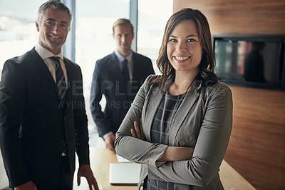 Buy stock photo Portrait of a team of professionals standing together in a boardroom