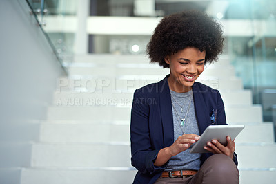 Buy stock photo Business, woman and tablet on steps in outdoor for research and information for project of creative startup company. Female designer, employee and stairs by office with digital technology for ideas