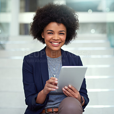 Buy stock photo Business, woman and tablet on steps in office in portrait  for research and information for project of startup company. Happy, employee and stairs by workplace with digital technology for ideas