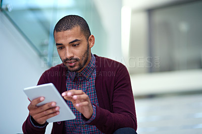 Buy stock photo Business man, tablet or tech typing on stairs in office for  research, online search or social media. Male person, concentrate or professional working on company report, blog post or web design