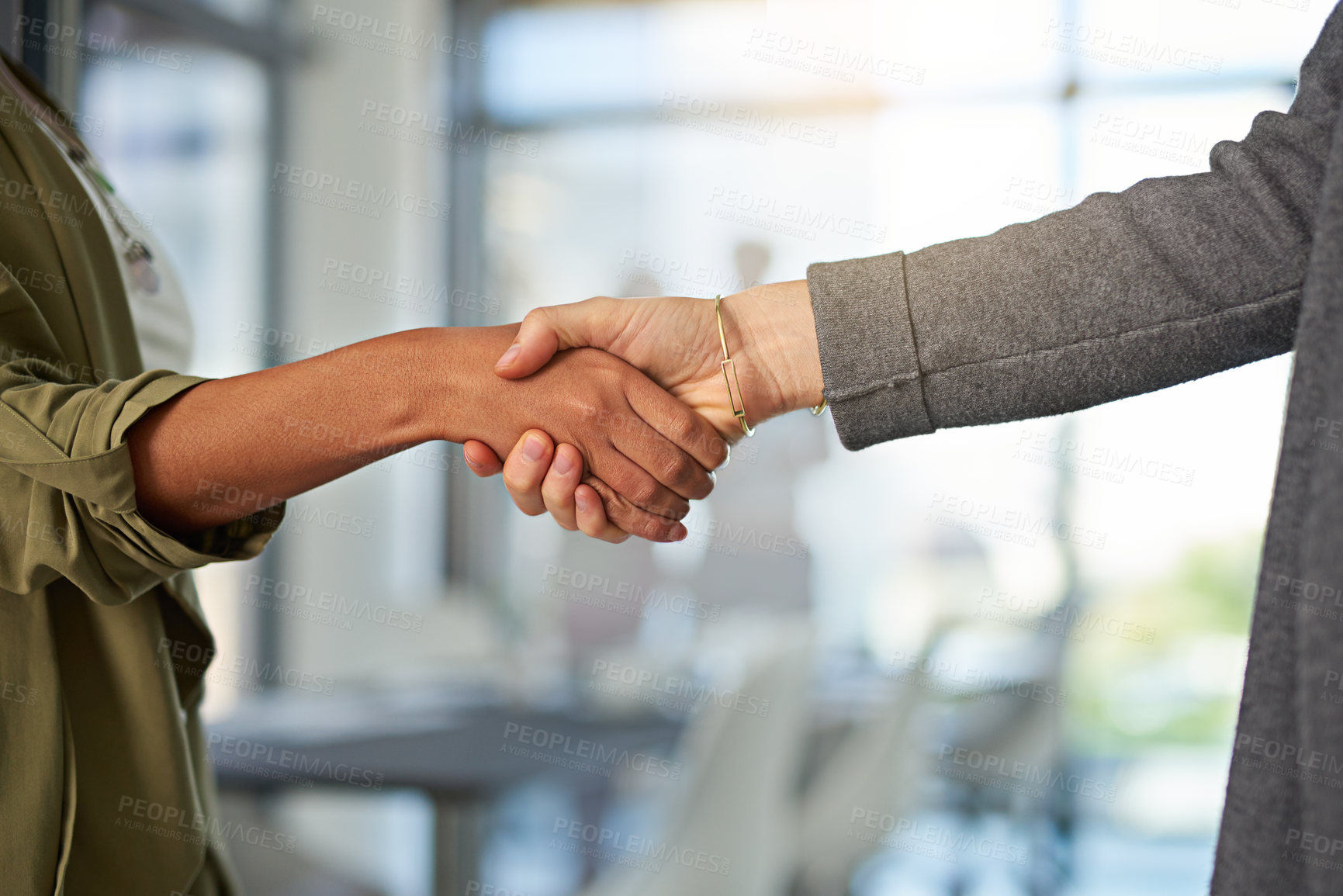 Buy stock photo Business people, closeup or shaking hands for deal, b2b collaboration or teamwork in office. Handshake, partnership and consultant in corporate agreement for meeting, welcome or thank you gesture