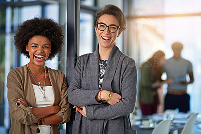 Buy stock photo Portrait, happy and businesswomen with arms crossed, smile and confidence. Collaboration, diversity and creatives in office for teamwork, success and partnership or pride, company and development