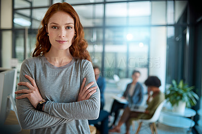 Buy stock photo Crossed arms, confident and portrait of business woman with team for meeting, planning and startup ideas. Professional, office and person in workplace with company pride, happy and ready for career