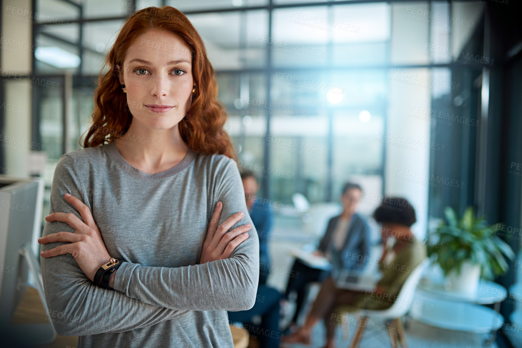 Buy stock photo Crossed arms, confident and portrait of business woman with team for meeting, planning and startup ideas. Professional, office and person in workplace with company pride, happy and ready for career