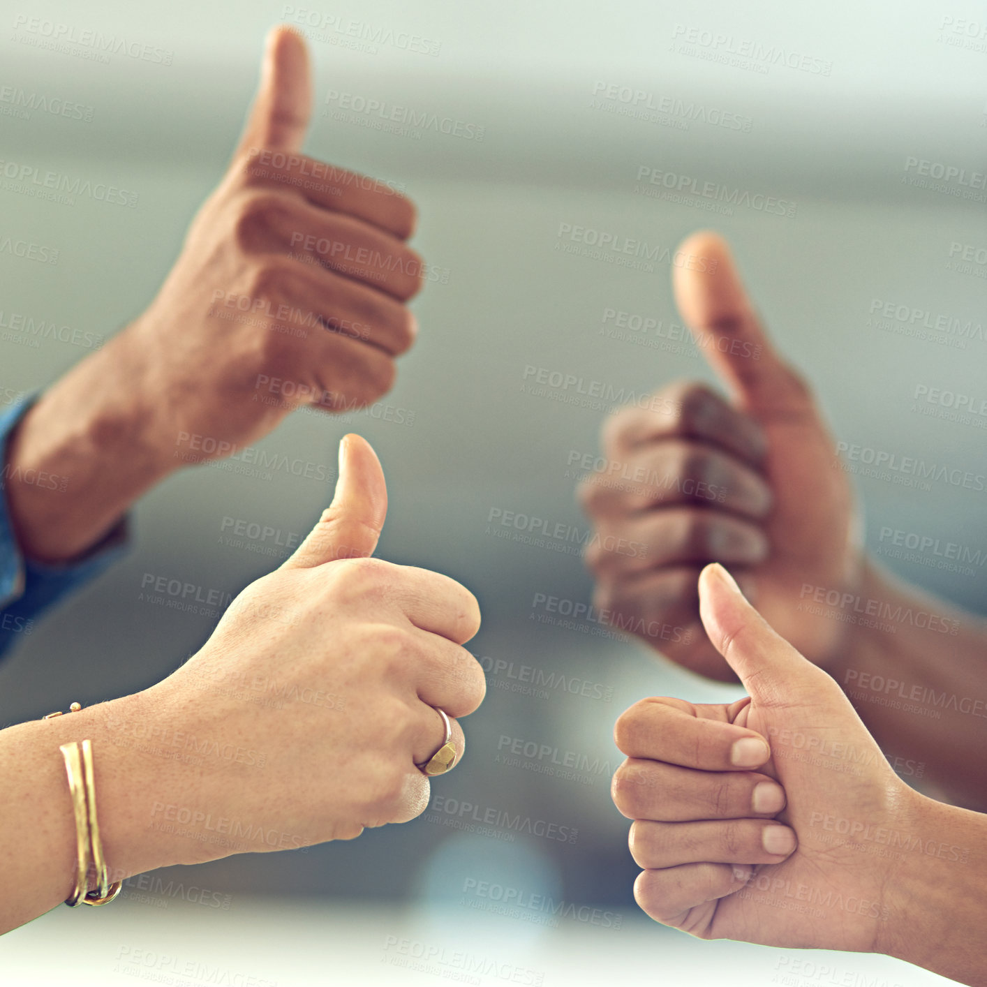 Buy stock photo Business people, thumbs up and support teamwork in office, company win and motivation for success. Employees, hands and emoji for thank you or agreement, solidarity and promotion for team building