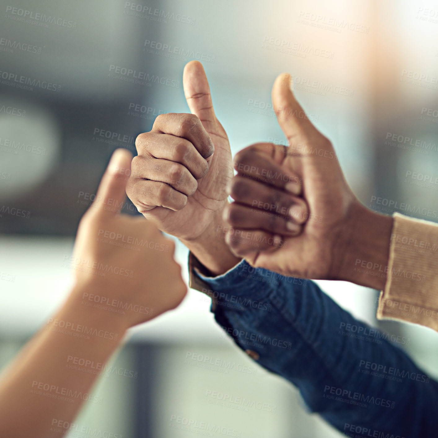 Buy stock photo Business people, thumbs up and trust teamwork in office, company win and motivation for success. Employees, hands and emoji for thank you or agreement, solidarity and promotion for team building