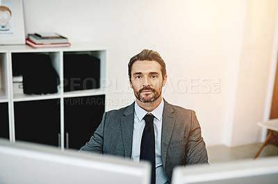 Buy stock photo Business man, computer and portrait in office for information technology, software or programming at startup company. Face of programmer or web developer at his desktop for online security on system