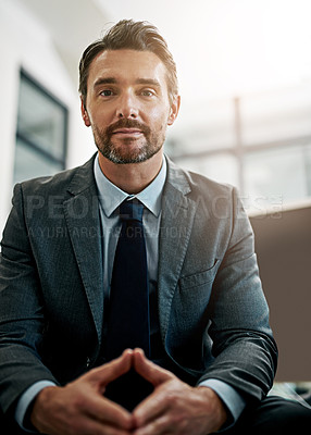 Buy stock photo Business, senior man and portrait in office with pride or confidence, positive mindset and triangle hands. Businessman, entrepreneur and project manager for career, job and face with fierce attitude