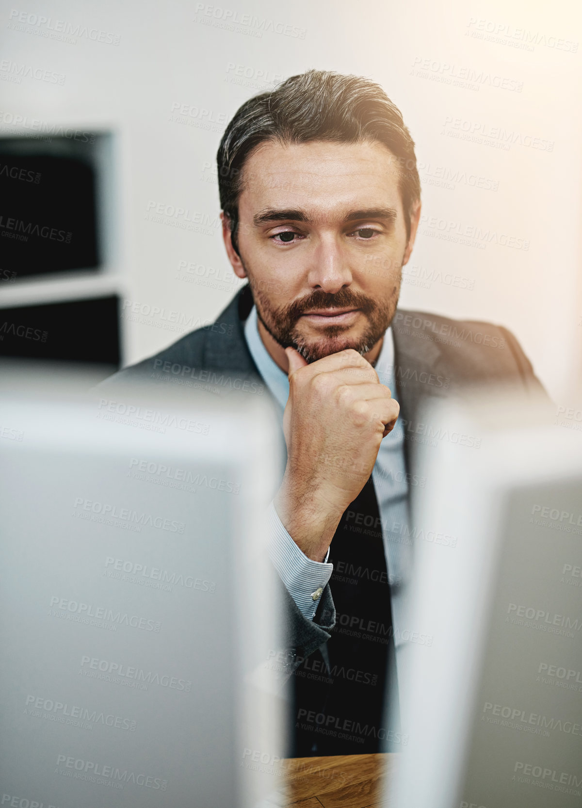 Buy stock photo Business man, computer and thinking in office for information technology, software or online programming. Programmer or web developer reading on his desktop for idea, research or coding solution