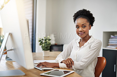 Buy stock photo Business woman, computer and portrait in office for planning, working and research on multimedia technology. African worker or copywriter on desktop and tablet for online or public relations project