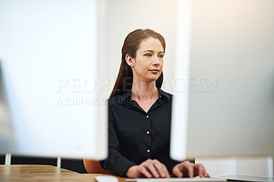 Buy stock photo Business woman, computer and trader with cryptocurrency investment at desk with typing. Office, online and digital investing work of an employee with stock research at a corporate company with email