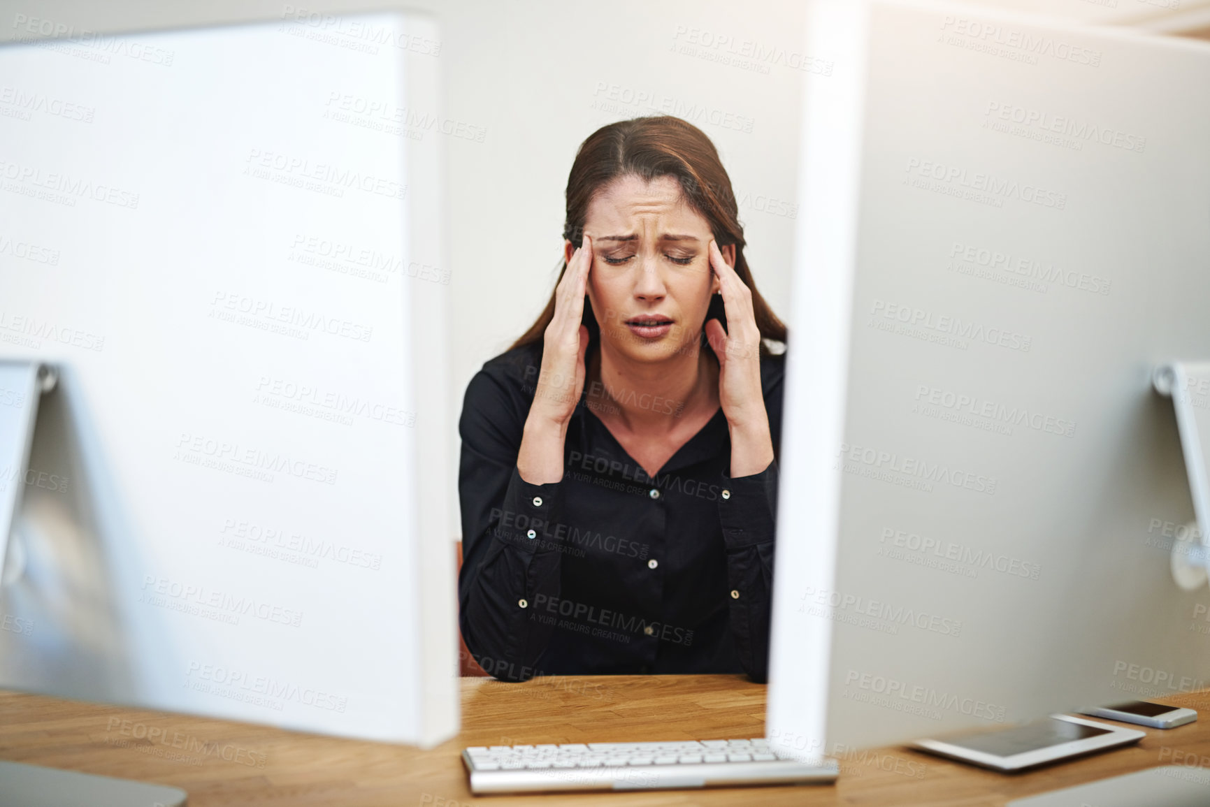 Buy stock photo Business woman, computer and stress or headache in office for debt, finance or investment news of stock market crash. Trader, analyst or accountant in pain, migraine or anxiety for company budget cut