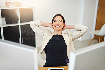 Buy stock photo Businesswoman, finished and happy in office for thinking, relax and rest with smile after productive day. Girl, person or employee in workplace with positive thoughts, stretching and hr assistant
