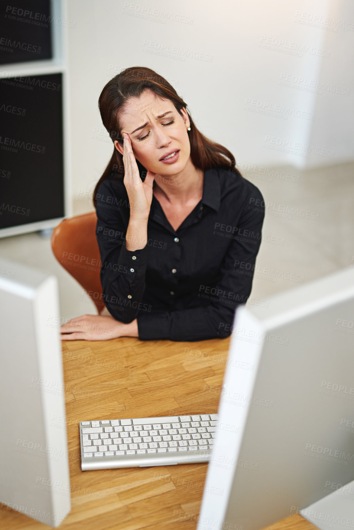 Buy stock photo Business woman, pain or stress on computer for human resources mistake, error or fail in project deadline. Sad, tired worker with burnout, headache and anxiety or confused for time management crisis