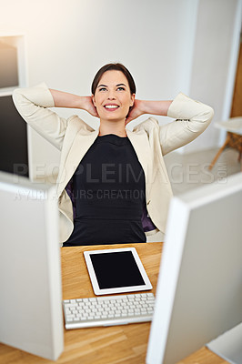 Buy stock photo Business woman, relax and stretching at office desk for results, success and confidence in legal career. Professional lawyer or attorney on break, done or thinking of future job, case or opportunity