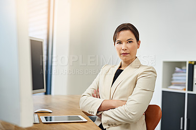 Buy stock photo Business woman, serious and portrait with computer job at desk with confidence. Office, trader and digital investing work of an employee with cryptocurrency stock research at a corporate company