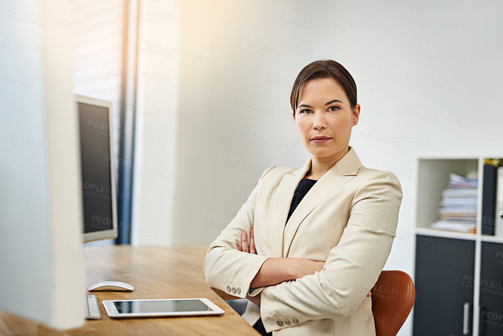 Buy stock photo Business woman, serious and portrait with computer job at desk with confidence. Office, trader and digital investing work of an employee with cryptocurrency stock research at a corporate company