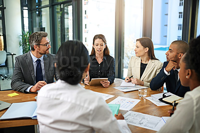 Buy stock photo Business people, meeting and discussion with tablet for planning with finance strategy, statistics and documents. Teamwork, paperwork or diversity with talking, brainstorming or infographic in office