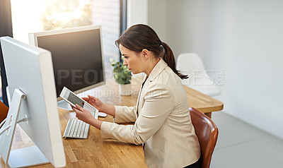 Buy stock photo Business woman, app and trader tablet with cryptocurrency investment career at desk reading. Office, online data and digital investing work of an employee with stock research at a corporate company