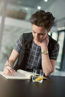 Buy stock photo Woman, notes and office with notebook for creative career as scriptwriter, copywriter and editor for designer company. Female employee, book and writing for daily schedule or journal for planning.