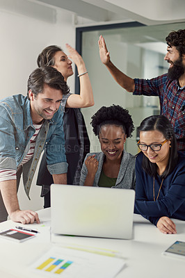 Buy stock photo Collaboration, high five and laptop with team of business people in office for success or victory. Computer, smile and winner with employee group in workplace for celebration of goals or target