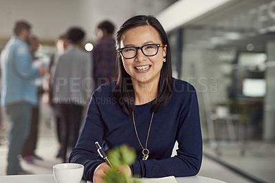 Buy stock photo Happy, business and female person by desk for portrait in open office for corporate finance company. Confident, asian woman and natural employee in formal wear with support for investment agency 
