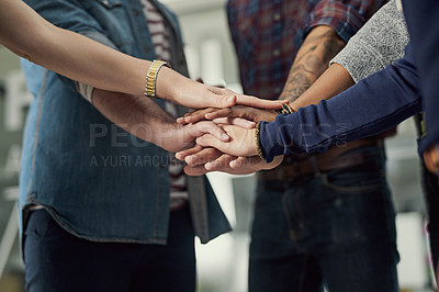 Buy stock photo Creative, hands and people together in office for collaboration on work project or task, celebration and synergy. Team, huddle and bonding in building of designer company, motivation and achievement.
