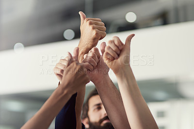 Buy stock photo Thumbs up, hands and people together in office for collaboration or teamwork with success or yes sign. Group, business and gesture for agreement or diversity with trust, approval and winning.