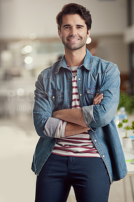 Buy stock photo Portrait, smile and business with man arms crossed, graphic designer and creative consultant for project. Face, person and gen z with employee or startup with modern office and worker with confidence