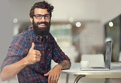 Buy stock photo Man, thumbs up and laptop in creative workspace for online company, programming and coding for tech. Web design, developer and happiness in office for success, internet and yes for agreement