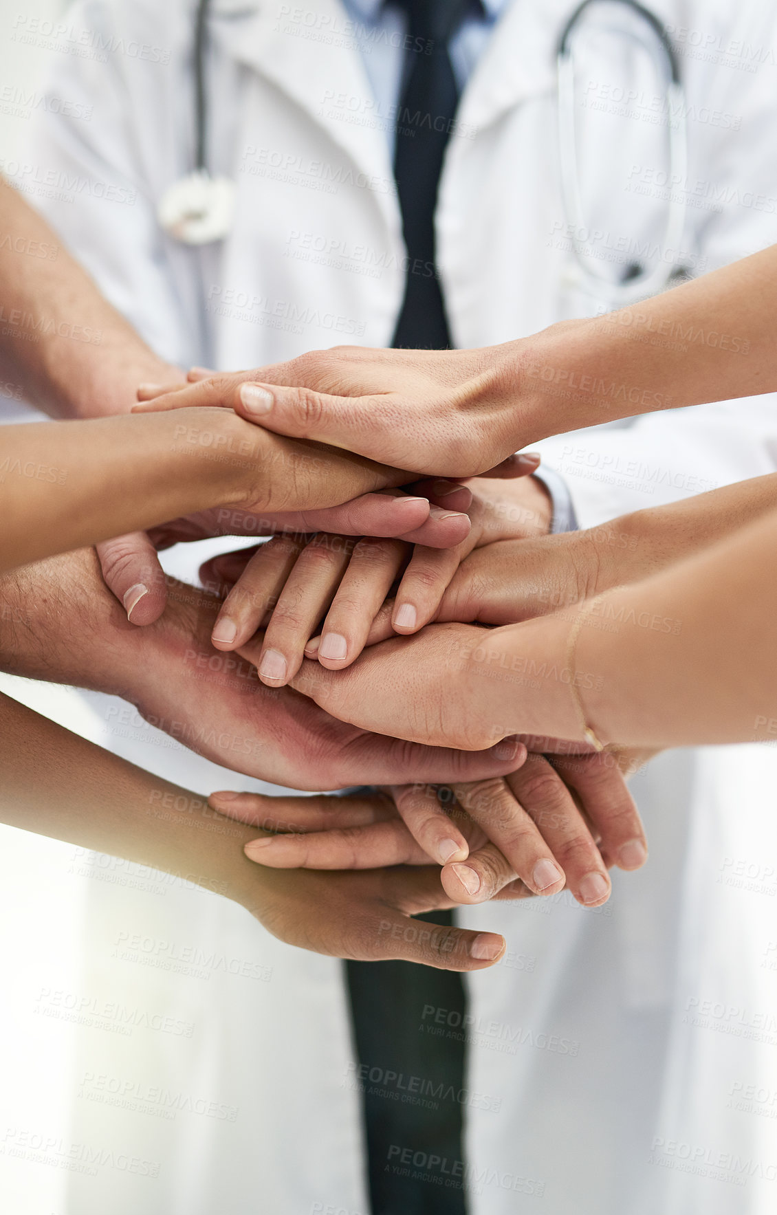Buy stock photo Teamwork, motivation and support with hands of doctors for medical, collaboration and solidarity. Medicine, healthcare and expert with closeup of people in meeting for target, goals and mindset