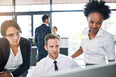 Buy stock photo Business, people and office with computer for teamwork, collaboration and research as accountant. Support, help and learning with auditing training for career or company growth and data entry