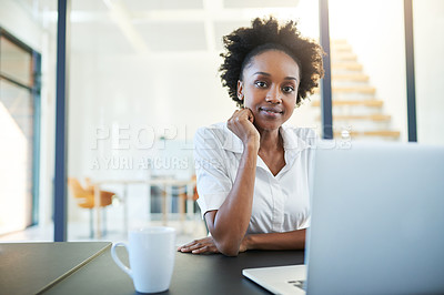 Buy stock photo Portrait, laptop and black woman in office, smile and confidence for project, editor and corporate. Public relations, review and proofreading of articles, technology and online for company and web