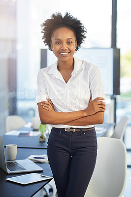 Buy stock photo Portrait, laptop and black woman in boardroom, smile and editor for project, corporate and proposal. Public relations, review and proofreading of articles, technology and online for monitor in office
