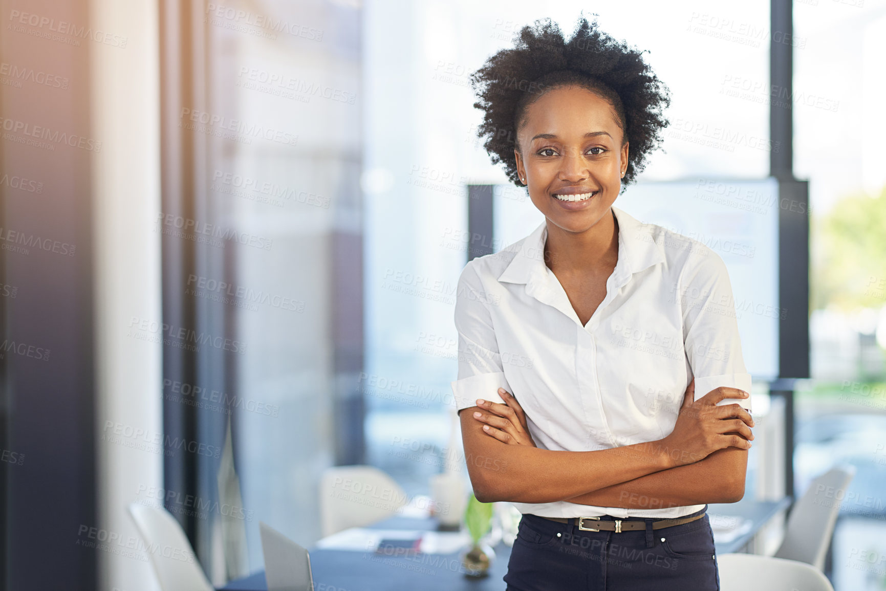 Buy stock photo Portrait, confidence and black woman in boardroom, smile and editor for project, corporate and proposal. Public relations, review and proofreading of articles, technology and online for monitor