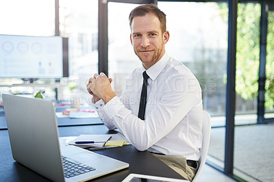 Buy stock photo Portrait, laptop and man in office, smile and confidence for project, editor and corporate. Public relations, review and proofreading of articles, technology and online for company and employee