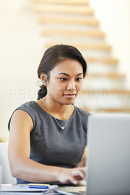 Buy stock photo Woman, laptop and online in office for idea, accountant and reading digital report on budget. Female person, employee and internet research on economy growth, investment website and planning at desk