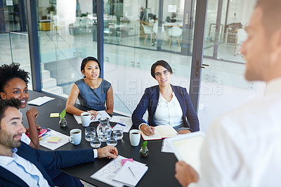 Buy stock photo Man, tablet or presentation for meeting, discussion or training with speaker in office. Businessman, technology and planning with collaboration, b2b project or report for startup company teamwork